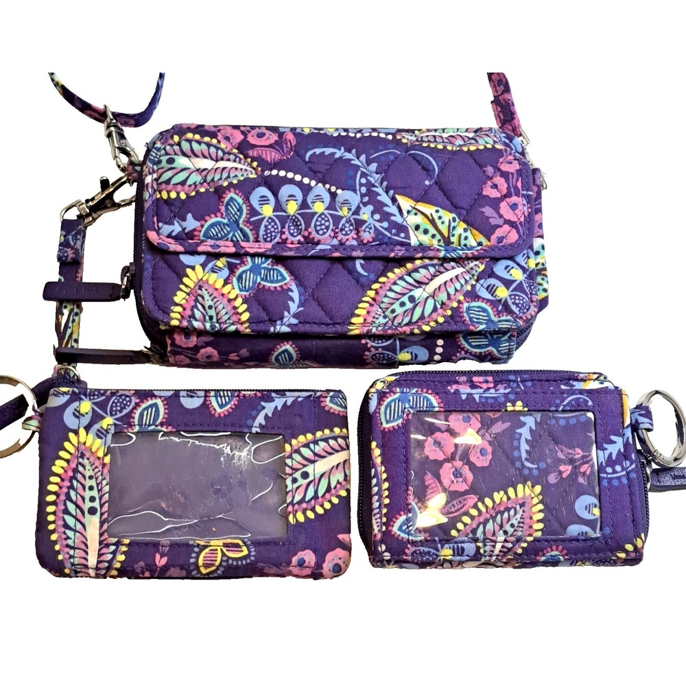 Vera Bradley 3-pc Crossbody Bag "BATIK LEAVES" Quilted Cottage Wallet ID Holder